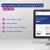 Billedet viser en computerskærm med Avery Design & Print-softwaren, med instruktioner for nem oprettelse. Det oplister trin: indtast softwarekode, vælg et design, opret dit eget design, og udskriv med brevfletning.