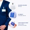Billedet viser en person iført en blå dragt med en ID-kortholder klippet fast til deres lomme. Det viser 25 ID-kortholdere med klips, 32 indlæg i et specifikt format, og funktioner om Avery design- og udskrivningsmuligheder.