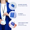 Billedet viser en kvinde i en blå blazer, der holder en kortholder med et synligt navn og titel. Omkringliggende billeder viser kortholdere, indsætninger og information om design- og printmuligheder.