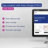 Billedet viser en computerskærm, der viser instruktioner til brug af Avery Design & Print. Trinnene inkluderer at indtaste en softwarekode, vælge eller oprette et design og udskrive med brevfletning.