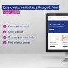 Billedet viser instruktioner til brug af Avery Design & Print-software, herunder indtastning af en kode, valg eller oprettelse af et design og udskrivning med brevfletning.