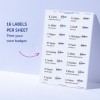 Billedet viser et ark med selvklæbende navneskilte med 16 etiketter til udskrivning. Hver etiket inkluderer et navn og en jobtitel, såsom 'B. Carlos, MARKETINGDIRECTØR' og 'G. Miller, SOCIALE MEDIER'. Skiltene har et 'Avery'-logo og instruktioner til at printe dine egne skilte.