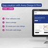Billedet viser information om Avery Design & Print-softwaren, der præsenterer trin til nem oprettelse, herunder indtastning af en softwarekode, valg eller oprettelse af et design og udskrivning med brevfletning.