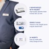 Billedet viser en person iført en blazer med et navneskilt. Det inkluderer detaljer om navneskilte med magnetisk fastgørelse, og viser forskellige funktioner som antallet af skilte, indsatsmuligheder og magnetstyrke.