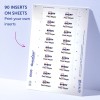 Billedet viser et ark med Avery indsatslabels med navnet 'Paul Meyer.' Der er i alt 90 indsatser på arket, organiseret i rækker og kolonner, og en note, der angiver muligheden for at printe dine egne indsatser.