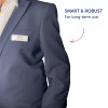 Billedet viser en person iført en marineblå blazer med et navneskilt, der lyder 'Paul Meyer' og logoet 'Avery'. Teksten lyder 'SMART & ROBUST Til langvarig brug.'