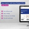 En illustration, der viser Avery Design & Print-softwaren med trin-for-trin instruktioner til at skabe brugerdefinerede designs og udskrive dem.