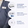 Billedet viser en mand i en blazer med et navneskilt. Omkring ham findes oplysninger om navneskilte, herunder mængder, funktioner som magnetiske fastgørelser og indsæt til personalisering.