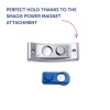 Billedet viser et SMAG® Power Magnet-tilbehør med en sølvfarvet magnetisk holder og en blå komponent, der giver et perfekt greb.