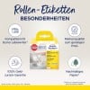 Billedet viser en produktpakning for Avery Zweckform hvide rulletiketter kompatible med Dymo LabelWriter. Det fremhæver funktioner som 100% pengene-tilbage-garanti, mærkekvalitet til en lav pris og bæredygtigt papir.