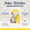 Billedet viser en emballage til Avery-rulletiketter, som fremhæver deres kompatibilitet med Dymo Labelwriter og funktioner som kraftige etiketter, pengene-tilbage-garanti og klimaneutralt produkt.