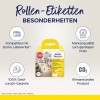 Billedet viser en emballage af Avery Zweckform rulleetiketter, der fremhæver deres kompatibilitet med Dymo LabelWriter, kvalitetsgarantier og miljøvenlige egenskaber, herunder CO2-neutralitet.
