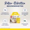 Billedet viser en emballage til Avery Zweckform rulleetiketter. Det fremhæver kompatibilitet med Dymo Labelwriters, tilbyder høj kvalitet til en lav pris, en 100% pengene-tilbage-garanti og understreger sine klimaneutrale produktegenskaber.