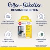 Billedet viser en produktboks til rulleetiketter fra Avery Zweckform. Den fremhæver funktioner som kompatibilitet med Dymo Labelwriter, en kvalitetsgaranti og bæredygtigt papir. Boksen viser forskellige etiketter til organisering af mapper, såsom 'Budget', 'Møder' og 'Marketing'.