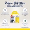 Billedet viser en pakke med Avery etiket-ruller, som fremhæver egenskaber såsom kompatibilitet med Dymo Labelwriter, en pengene-tilbage-garanti, mærkekvalitet til en lav pris og bæredygtigt papir.