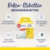 Billedet viser en etikettrulleemballage fra Avery Zweckform, der fremhæver dens kompatibilitet med Dymo LabelWriter, kvalitetsgarantier, en penge-tilbage-garanti og dens bæredygtige papirkilder.