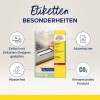 Billedet fremviser et produkt til etiketter fra Avery Zweckform, der fremhæver egenskaber som vandtæthed, aftagningsmodstand og miljøvenlighed. Det nævner også brugen af et designværktøj til tilpasning.