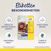 Billedet viser en emballage til aftagelige etiketter fra Avery Zweckform, der fremhæver funktioner som nem design med en etiketdesigner, brugen af bæredygtigt papir, og at det er fremstillet i Tyskland. Det viser en marmeladeglas med en etiket på.