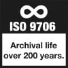 Billedet viser en sort baggrund med symbolet for uendelighed over teksten 'ISO 9706' og sætningen 'Arkivlevetid over 200 år.' i hvid.