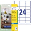 Emballagebillede med etiketark: Avery Zweckform Vejrbestandige Folie-Etiketter, Artikel: J4773-10, Format: 63,5 x 33,9 mm, Printeregnet: Inkjet, Indhold: 240 etiketter / 10 ark, 24 etiketter/ark.