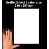 Størrelsessammenligning med hånd, Artikel: J4775-10, et ark vejrfaste folie-etiketter, Format: 210 x 297 mm, Farve: Hvid?