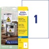 Pakkebillede med etiketterark: Avery Zweckform Vejrbestandige Folieetiketter, Artikel: J4775-10, Format: 210 x 297 mm, Printeregnet: Inkjet, Indhold: 10 etiketter / 10 ark, 1 etiket/ark?