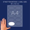 Størrelsessammenligning med hånd, Artikel: J4882-20, et ark navneetiketter, format: 85 x 50 mm, farve: hvid?
