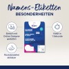 Billedet viser en pakke med selvklæbende navneskilte fra Avery. Den fremhæver fordele som nem online design, tekstilmateriale og hurtige klæbende egenskaber.