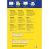 Billedet viser en brochure for Averys gennemsigtige adresseetiketter, med instruktioner og specifikationer på flere sprog, herunder tysk, engelsk, fransk, hollandsk, dansk, finsk, russisk og polsk. Den fremhæver funktioner som QuickPEEL-teknologi, optimale størrelser til forskellige printere og kontaktinformation til kundeservice.
