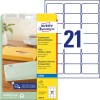 Pakningsillustration med etiketark: Avery Zweckform adresseetiketter, Artikel: J8560-25, Format: 63,5 x 38,1 mm, Printeregnet: Inkjet, Indhold: 525 etiketter / 25 ark, 21 etiketter/ark.