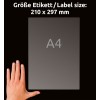 Størrelsessammenligning med hånd, Artikel: J8567-25, ét ark forsendelsesetiketter, format: 210 x 297 mm, farve: Transparent?