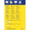 Billedet viser en reklameguide for Averys gennemsigtige fragtetiketter, der præsenterer forskellige typer etiketter til inkjet- og laserprintere. Det indeholder tekst på flere sprog og giver trin til effektivt at designe og printe etiketter.