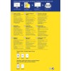 Billedet indeholder flersproget information om udskrivbare magnetiske ark, herunder instruktioner, anvendelser og specifikationer for forskellige produkter, samt kontaktinformation til kundeservice.