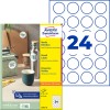 Pakningsbillede med etiketark: Avery Zweckform Runde Etiketten, Artikel: L3415-10, Format: ⌀ 40 mm, Printdriverhed: Inkjet, Laser s/h, Farvelaser, Indhold: 240 etiketter / 10 ark, 24 etiketter/ark.