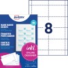 Pakkeillustration med etiketark: Avery Zweckform, Artikel: L4728-20, Indstikskilte, Format: 60 x 90 mm, Udskriftskompatibilitet: Inkjet, Farvelaser, Sort/hvid laser, Kopimaskine, Indhold: 160 indstikskilte / 20 ark, 8 kort/ark.