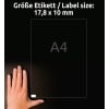Størrelsessammenligning med hånd, artikel: L4730REV-25, et ark universal-etiketter, aftagelig, format: 17,8 x 10 mm, farve: hvid?