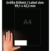 Størrelsessammenligning med hånd, Artikel: L4743REV-25, et ark universelle etiketter, aftagelig, format: 99,1 x 42,3 mm, farve: Hvid?