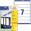 Pakningsbillede med etiketark: Avery Zweckform mappetiketter, Artikel: L4760-100, Format: 38 x 192 mm, Printeregnethed: Inkjet, Laser s/h, Farvelaser, Indhold: 700 etiketter / 100 ark, 7 etiketter/ark.