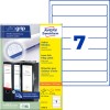 Æskebillede med etiketark: Avery Zweckform mappeetiketter, artikel: L4760-25, format: 38 x 192 mm, printkompatibilitet: Inkjet, s/h laser, farvelaser, indhold: 210 etiketter / 30 ark, 7 etiketter/ark?