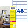 Pakkeillustration med etiketark: Avery Zweckform Vejrbestandige folieetiketter, Artikel: L4778-20, Format: 45,7 x 21,2 mm, Trykegnethed: Laser s/h, Farvelaser, Indhold: 960 etiketter / 20 ark, 48 etiketter/ark.