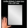 Størrelsessammenligning med hånd, Artikel: L6013-20, et ark typeskilt-etiketter, Format: 210 x 297 mm, Farve: Sølv?