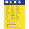 Billedet viser etiketdesigns og specifikationer fra Avery, inklusive information om holdbare sølvetiketter og deres anvendelse på tværs af flere sprog.