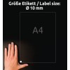 Størrelsessammenligning med hånd, artikel: L6019REV-25, et ark runde etiketter, aftagelig, format: ⌀ 10 mm, farve: hvid.