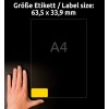 Størrelsessammenligning med hånd, Artikel: L6035-20, ét ark farvede etiketter, aftagelig, format: 63,5 x 33,9 mm, farve: Gul.