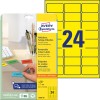 Pakkeillustration med etiketark: Avery Zweckform Farvede etiketter, aftagelige, Artikel: L6035-20, Format: 63,5 x 33,9 mm, Egnet til printer: Inkjet, Laser s/h, Farvelaser, Indhold: 480 etiketter / 20 ark, 24 etiketter/ark