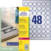 Etiketblad med etiketark: Avery Zweckform typeskiltetiketter, artikel: L6129-20, format: ⌀ 30 mm, printeregnede: Laser sort/hvid, indhold: 960 etiketter / 20 ark, 48 etiketter/ark.