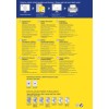 Billedet er en reklamegrafik for NoPeel permanente etiketter fra Avery, der beskriver produktspecifikationer og etiketdesigns. Det indeholder information på flere sprog, tips til optimal udskrivning og retningslinjer for etiketpåføring.
