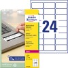 Pakkeillustration med etiketark: Avery Zweckform Sikkerhedsetiketter, Artikel: L6146-20, Format: 63,5 x 33,9 mm, Printeregnethed: Laser sort/hvid, Indhold: 480 etiketter / 20 ark, 24 etiketter/ark.