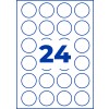 Ark med 24 blåomridsede cirkeletiketter og stort blåt tal 24 i midten?