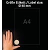 Billedet viser en hånd ved siden af et A4-ark med en cirkulær etiketstørrelse angivet som Ø 40 mm. Baggrunden er sort, og teksten viser størrelsen på etiketten på både tysk og engelsk.
